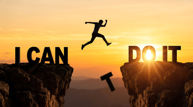 Energetic man jumping across mountain cliffs while overcoming obstacles with bold determination and powerful golden lighting