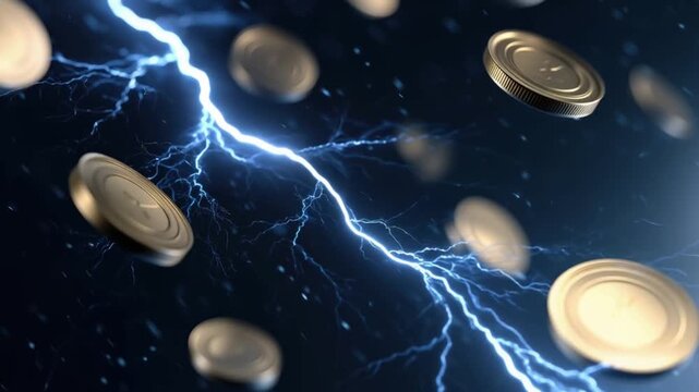 Golden coins are tossed in the air amidst a dramatic lightning strike, symbolizing financial volatility and unexpected wealth. ..Created with Generative AI, not depicting real subjects.