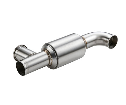 Stainless steel automotive exhaust muffler component isolated on a white background