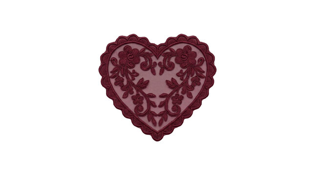 Burgundy heart shaped embroidered patch featuring intricate floral rose patterns and scalloped edges on a neutral background.