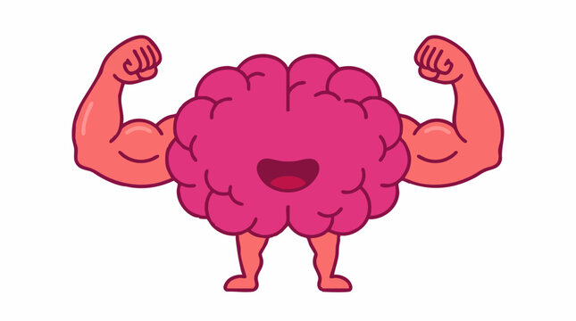 Cartoon brain character with strong muscles and a happy face