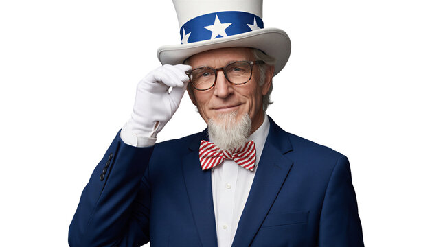 Elderly man dressed in a patriotic Uncle Sam costume with a top hat and red striped bow tie adjusts his glasses.
