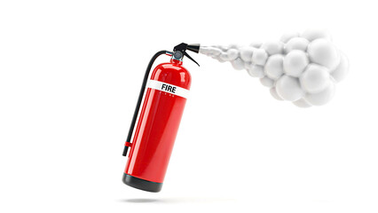 Obraz premium Red fire extinguisher releasing white foam isolated on white background