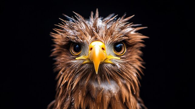 Wet, fierce bird of prey stares intently, feathers ruffled