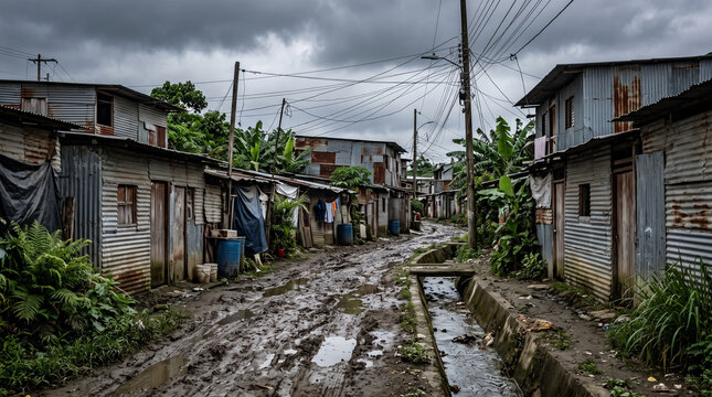 Corrugated metal homes along muddy lane