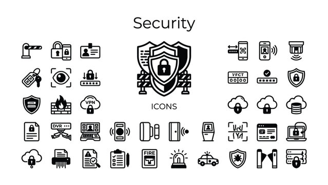 Security Icons Collection: A comprehensive array of security-themed icons, featuring symbols for access control, data protection, surveillance, and digital safety.