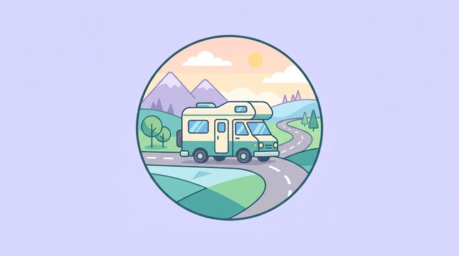Flat Camper Van Road Trip Icon on Soft Pastel Background, Minimal Recreational Vehicle Symbol for Travel, Camping, Holiday Adventure and Long Distance Journey