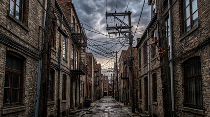 Fototapeta premium Tangled Utility Wires Over Narrow Brick Alley