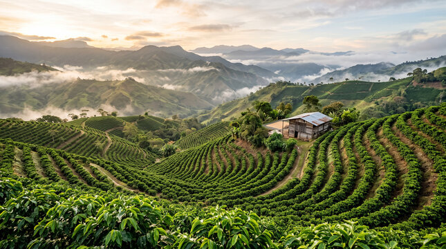 Terraced Coffee Plantation in Mountain Landscape