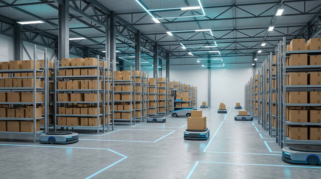 Warehouse worker operating a pallet jack moving boxes in a large storage facility with industrial lighting