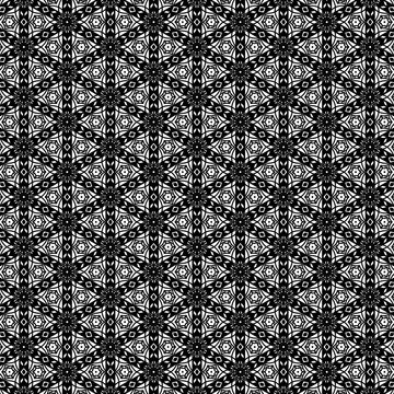 Black and white abstract geometric seamless pattern with intricate symmetrical design.
