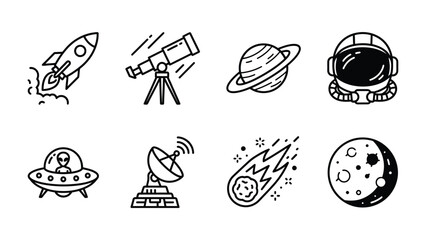 Cosmic Adventures Icon Set: A collection of charming hand-drawn icons depicts a rocket launch, telescope, Saturn, astronaut helmet, UFO, satellite dish, comet, and moon. © mrs