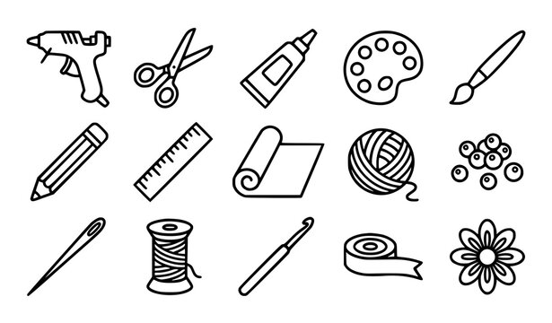 Creative DIY Craft Supplies Outline Icon Set Vector Illustration