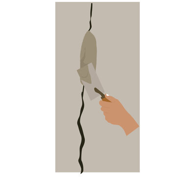 patching a cracked wall. Four panel illustration showing the process of applying spackle to repair holes and cracks in a wall surface.