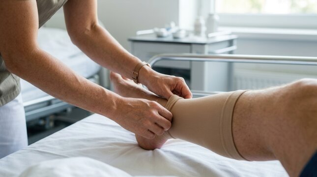 Nurse applying compression stocking to patient's leg in hospital bed for medical treatment and circulation support