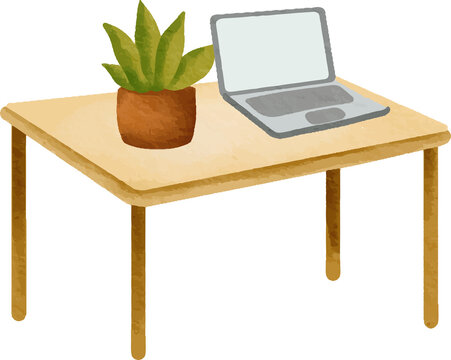 Desk with laptop and potted plant simple watercolor illustration