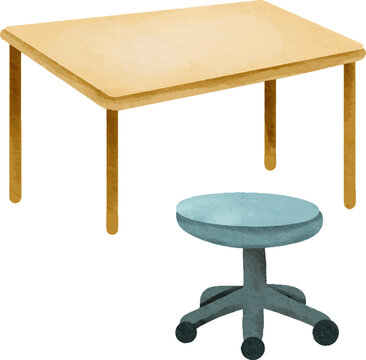 Wooden table and rolling stool with transparent background