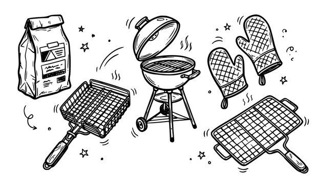 Barbecue Grill Accessories Hand Drawn Sketch Icon Collection Black Vector
