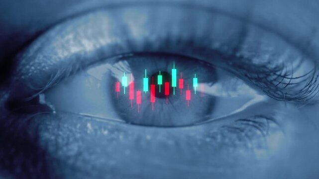 Close up of human eye with candlestick chart reflection, trader vision of financial market, forex and BTC ETH cryptocurrency trading, stock exchange, investment and digital finance concept