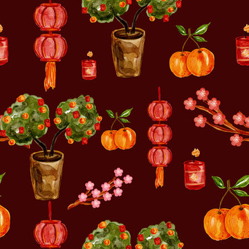 Chinese New Year seamless pattern with tangerines and lanterns