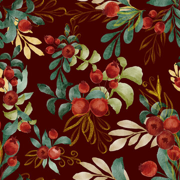 Watercolor botanical pattern with red berries and gold leaves