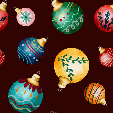 Watercolor Christmas Ornaments Seamless Pattern