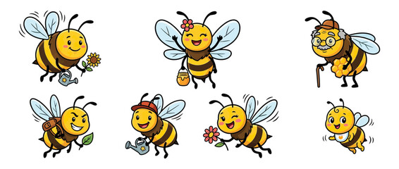 Obraz premium Cute Cartoon Bees Collection on Transparent Background