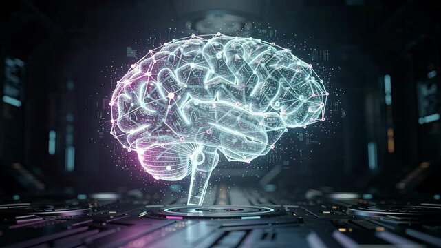 Digital brain hologram glowing inside futuristic server room for neural network concept