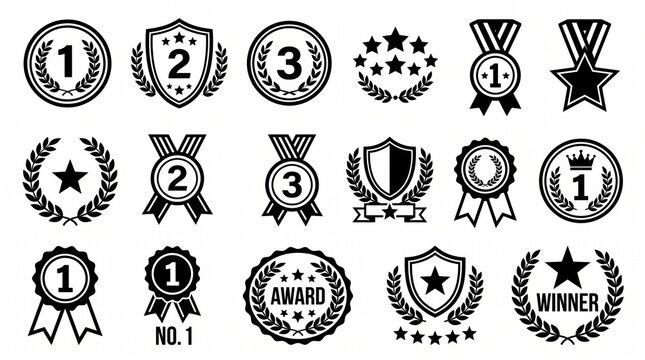 Black and white icons, Black white award icons with medals, shields, laurel wreaths, achievement badge designs, 4K Image 