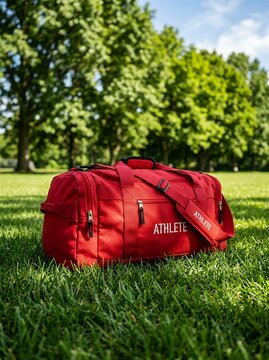 Red duffel bag with ATHLETE text on grass with trees background.