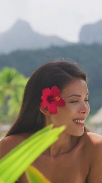 Asian natural beauty woman wellness spa skincare on tropical beach background. Raw unedited vertical video of real unretouched woman model without any makeup