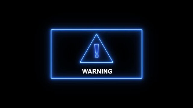 Neon warning sign with exclamation mark symbol, glowing blue cyberpunk alert for digital interface and security notification