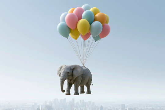Elephant floats above city skyline. Colorful balloons lift it gently upward. Sky clear, calm, and bright. Urban sprawl visible below. Fictional scene suggests wonder and freedom. Perfect for whimsical