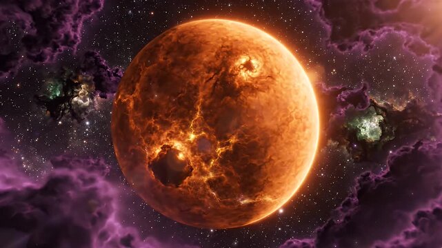 Fiery Celestial Sphere Amidst Cosmic Clouds - A gigantic, glowing orange celestial sphere dominates the frame, its surface textured with fiery cracks and molten lava.