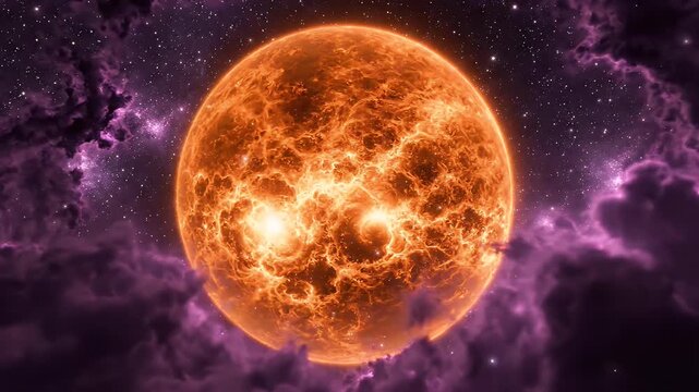 Fiery Celestial Sphere in Cosmic Nebula - A gigantic, intensely glowing orange celestial sphere dominates the frame, its surface alight with fiery patterns.