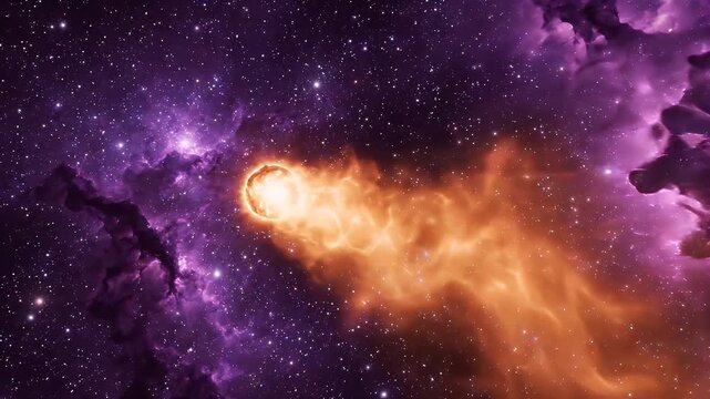 Glowing Orange Comet in Cosmic Nebula - A vibrant orange comet streaks across a deep space expanse filled with purple nebulae and countless stars.