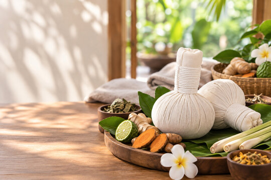 Traditional Thai herbal compress with natural herbs in wellness spa