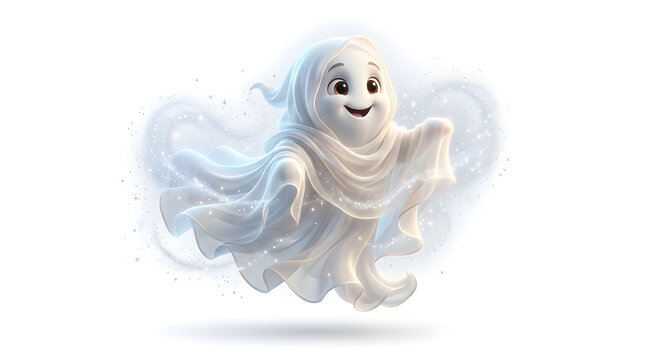 Cute friendly ghost character illustration, happy spooky spirit design, cartoon haunted apparition illustration, cartoon friendly spook character isolated on White Background Happy Halloween
