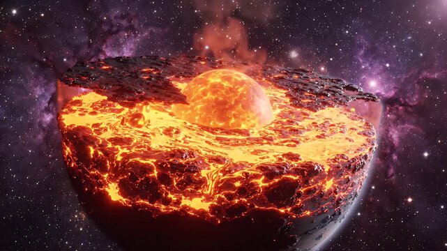 Glowing Planetary Core in Outer Space - A cutaway view reveals the glowing, molten core of a planet, with layers of lava and a rocky crust against a backdrop of stars and nebulae.