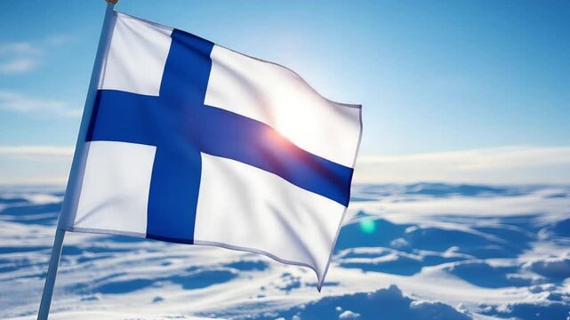 Finnish flag waving against a bright snowy winter background