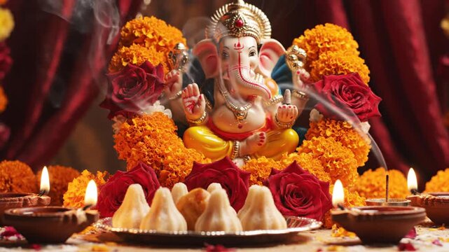 Ganesha idol surrounded by flowers, modak, lit diyas for puja