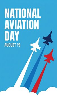 National aviation day banner with three fighter jets flying in formation leaving colorful smoke trails