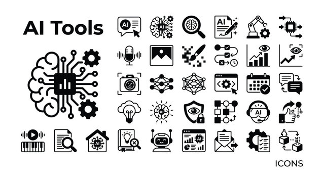 AI Tools and Icons Set: A comprehensive collection of linear icons representing various artificial intelligence tools and concepts.