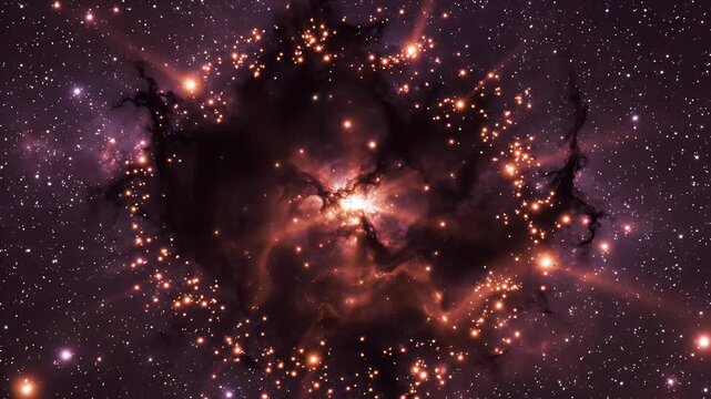 Cosmic Dust Nebula Illuminated by Orange Stars - A stunning view of a vast dark nebula, set against a backdrop of countless orange and white stars.