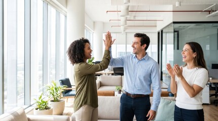 Fototapeta premium Diverse business colleagues giving high five and celebrating success in a modern office, capturing teamwork and positive company culture for human resources recruitment and marketing.