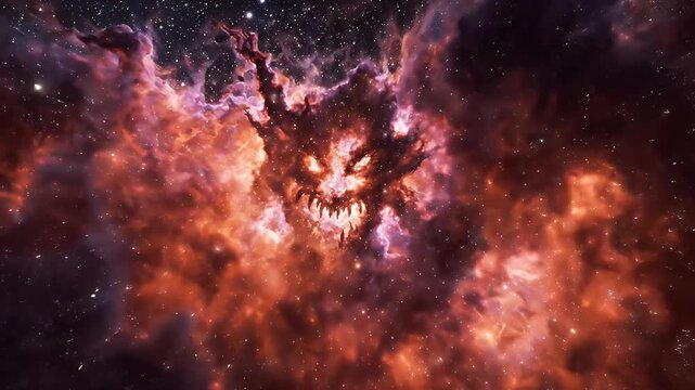 Fiery Cosmic Cloud with Scary Face Formation - A frightening, demonic face emerges from a swirling, fiery cosmic cloud against a backdrop of countless stars.