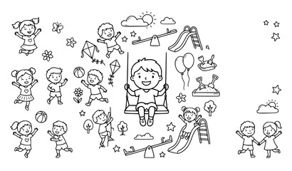 Fototapeta premium Happy Kids Playing Line Art Vector, Hand Drawn Children On Swing With Balloon Kite Slide Playground Illustration