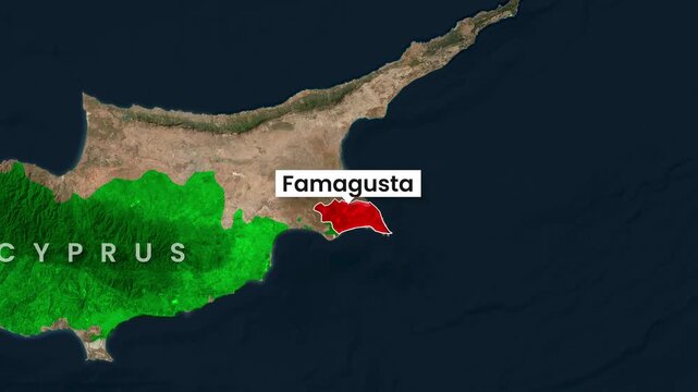 Cyprus map highlighted Famagusta region in motion video footage
