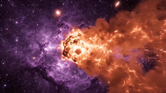 Glowing Comet Through Purple Nebula - A bright orange comet with a fiery tail emerges from a vibrant purple nebula filled with stars. The comet is in motion, streaking through the cosmic expanse.