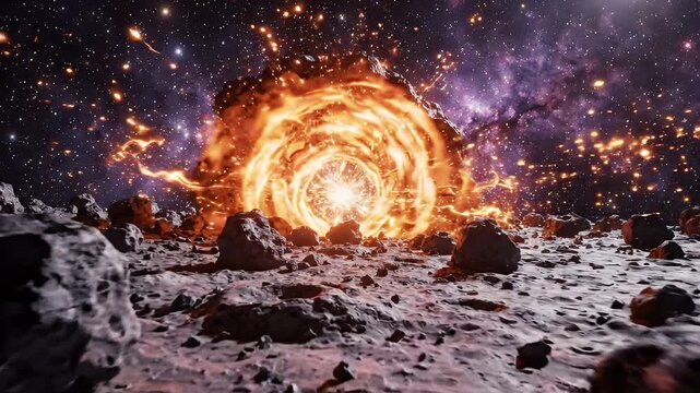 Fiery Orange Portal Opens Above Asteroid Field in Space - A dazzling, swirling orange portal pulsates with light and energy, hovering just above the desolate surface of a rocky asteroid.